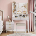 Coiffeuse moderne avec miroir éclairé, meuble de rangement latéral, bureau et tabouret blancs