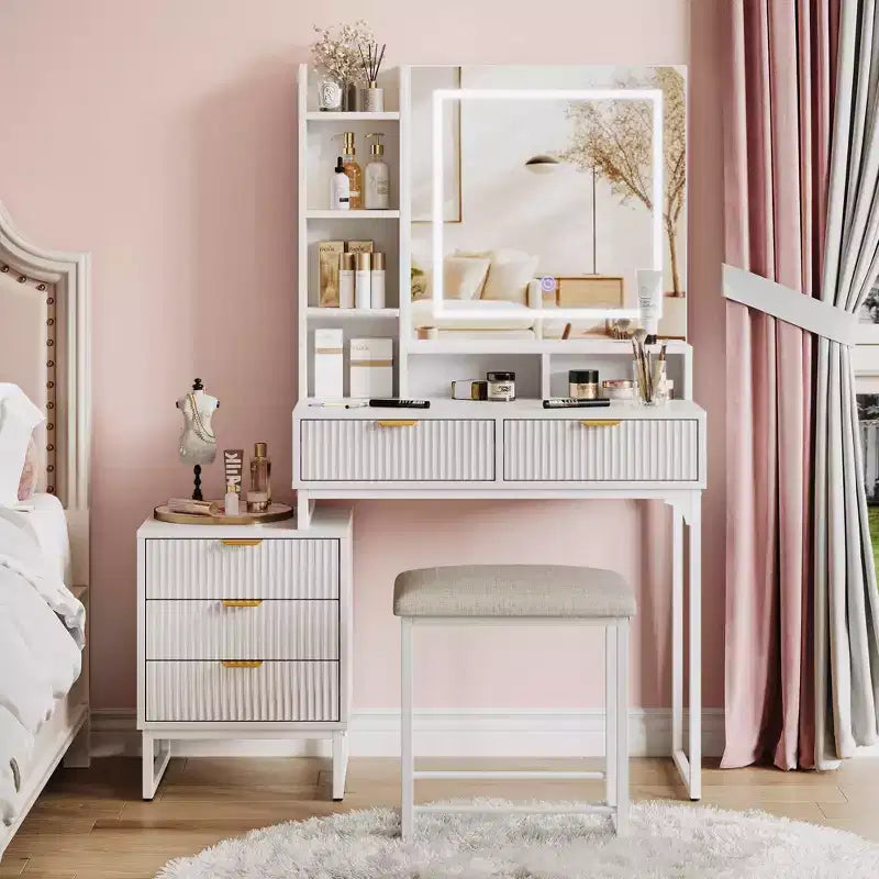 Coiffeuse moderne avec miroir éclairé, meuble de rangement latéral, bureau et tabouret blancs