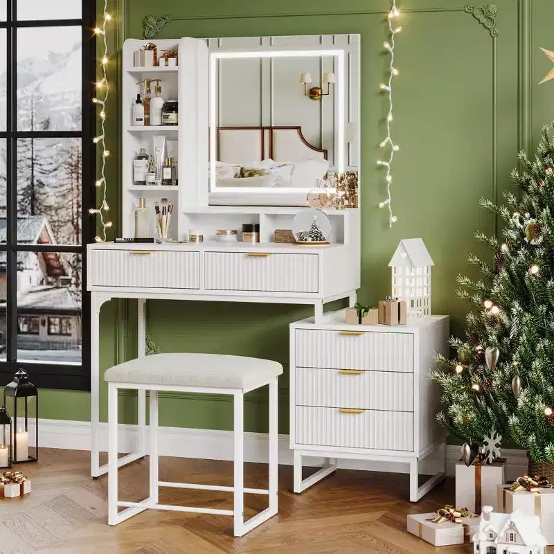 Coiffeuse moderne avec miroir éclairé, meuble de rangement latéral, bureau et tabouret blancs