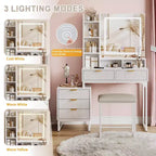 Coiffeuse moderne avec miroir éclairé, meuble de rangement latéral, bureau et tabouret blancs