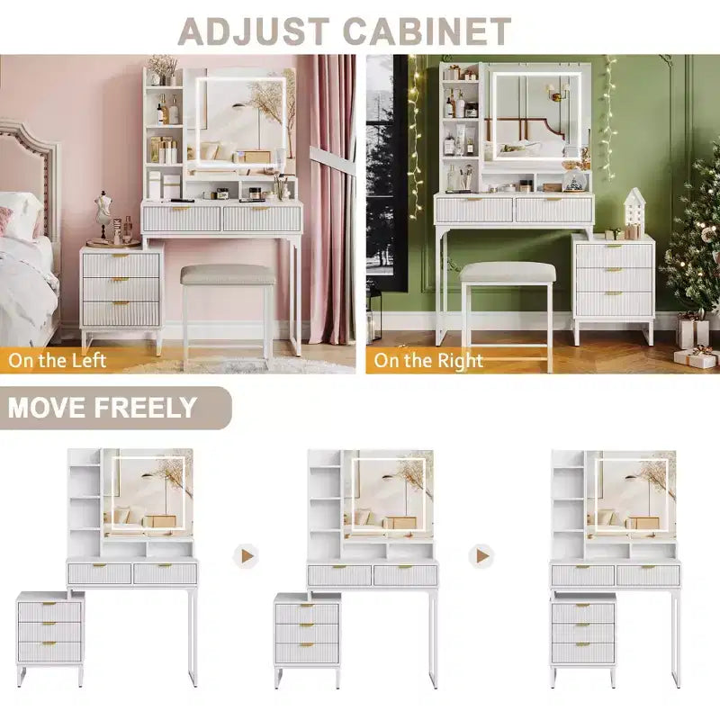 Coiffeuse moderne avec miroir éclairé, meuble de rangement latéral, bureau et tabouret blancs