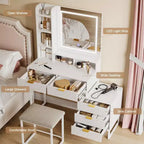 Coiffeuse moderne avec miroir éclairé, meuble de rangement latéral, bureau et tabouret blancs