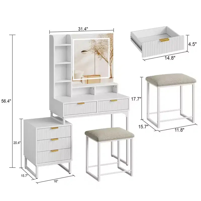 Coiffeuse moderne avec miroir éclairé, meuble de rangement latéral, bureau et tabouret blancs
