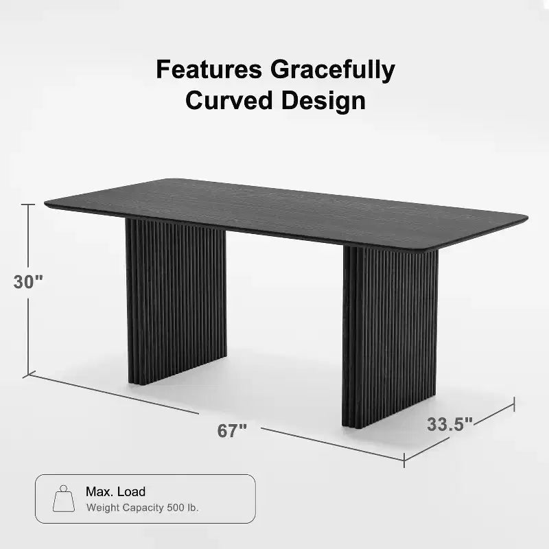 PexFix Table de salle à manger 67 x 33,5 en bois massif, table de cuisine moderne pour 4 à 6 personnes, style ferme avec pieds ondulés solides pour salon, cuisine, bureau à domicile, noir