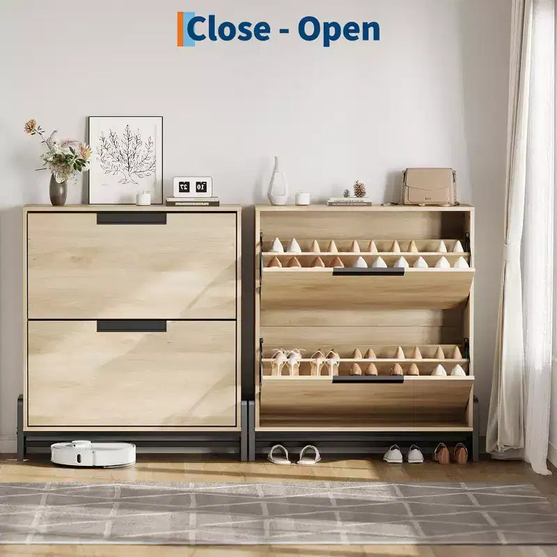 Meuble à chaussures avec 2 tiroirs basculants, Organiseur à chaussures autoportant avec pieds en métal, Étagère réglable Meuble à chaussures étroit pour entrée, Foyer