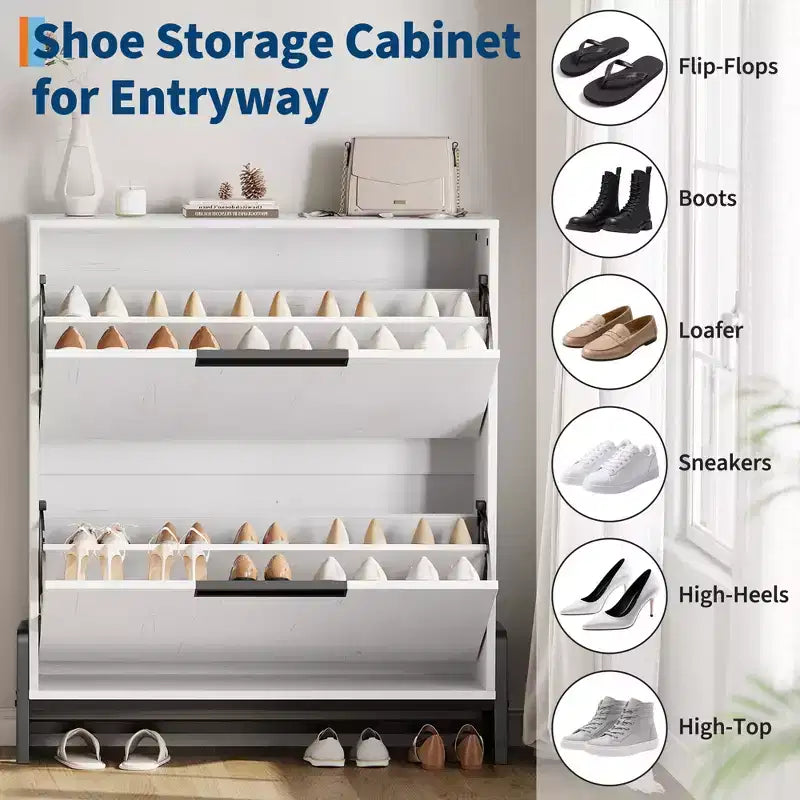 Meuble à chaussures avec 2 tiroirs basculants, Organiseur à chaussures autoportant avec pieds en métal, Étagère réglable Meuble à chaussures étroit pour entrée, Foyer
