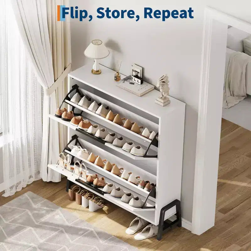 Meuble à chaussures avec 2 tiroirs basculants, Organiseur à chaussures autoportant avec pieds en métal, Étagère réglable Meuble à chaussures étroit pour entrée, Foyer