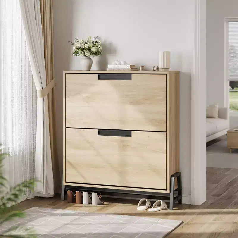 Meuble à chaussures avec 2 tiroirs basculants, Organiseur à chaussures autoportant avec pieds en métal, Étagère réglable Meuble à chaussures étroit pour entrée, Foyer