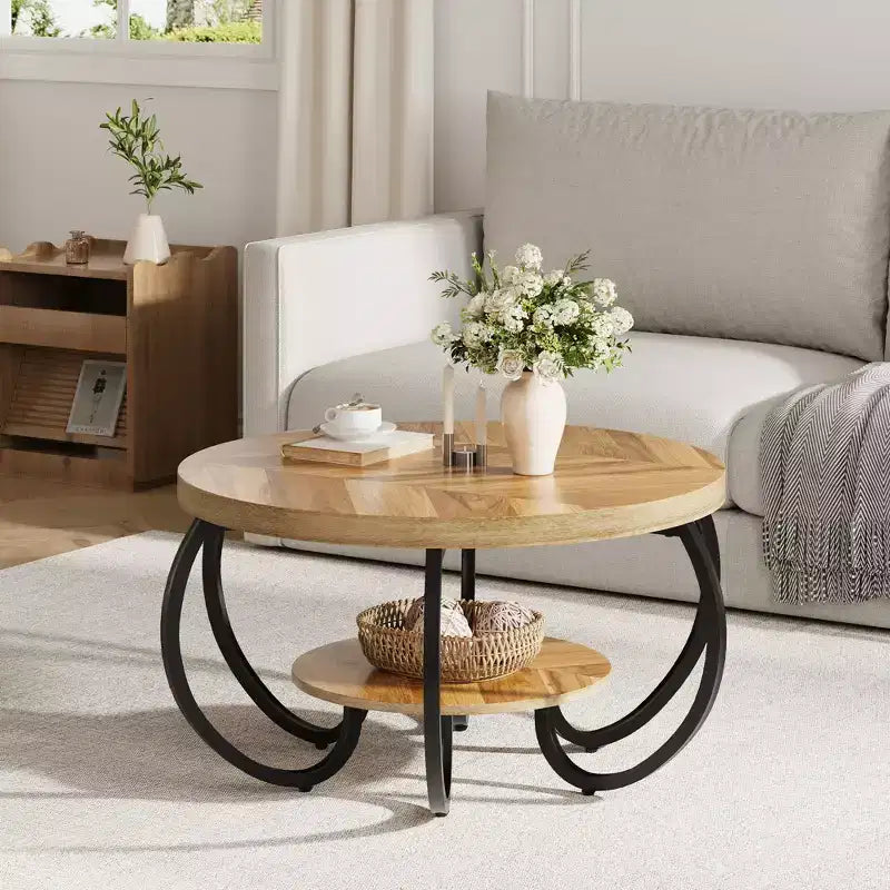 Table basse ronde Garvee 30 Table basse, Table basse à 2 niveaux de style industriel avec pieds réglables et grain de bois design, Facile à monter