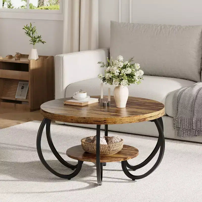 Table basse ronde Garvee 30 Table basse, Table basse à 2 niveaux de style industriel avec pieds réglables et grain de bois design, Facile à monter