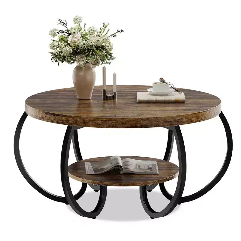 Table basse ronde Garvee 30 Table basse, Table basse à 2 niveaux de style industriel avec pieds réglables et grain de bois design, Facile à monter