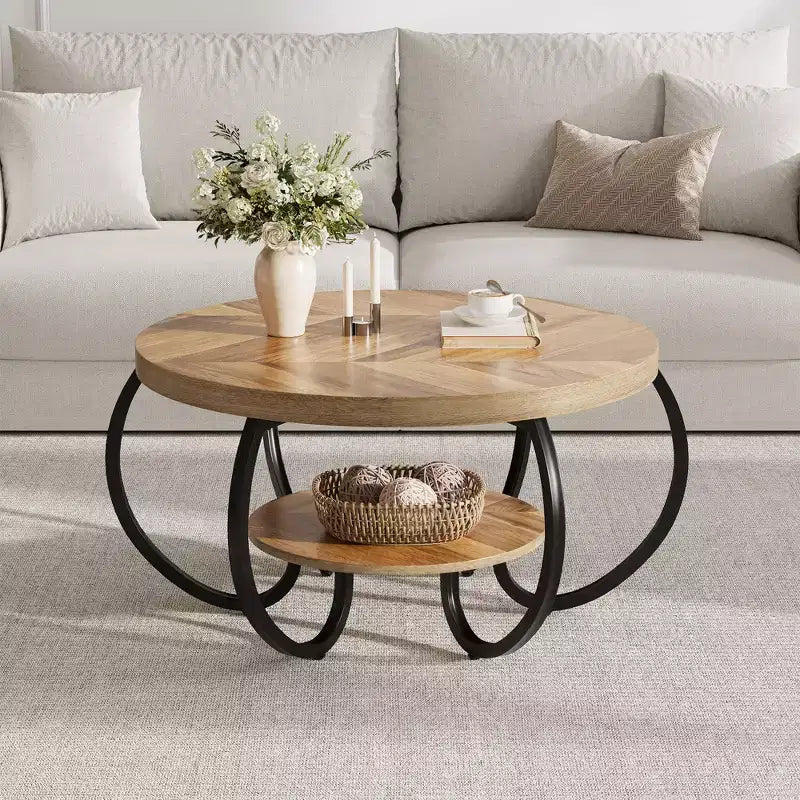 Table basse ronde Garvee 30 Table basse, Table basse à 2 niveaux de style industriel avec pieds réglables et grain de bois design, Facile à monter
