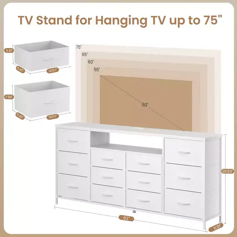 Meuble TV commode 63 pouces pour téléviseurs 65, 70, 75 pouces, commode en tissu avec station de charge, lumières LED, étagères ouvertes et commode à 12 tiroirs