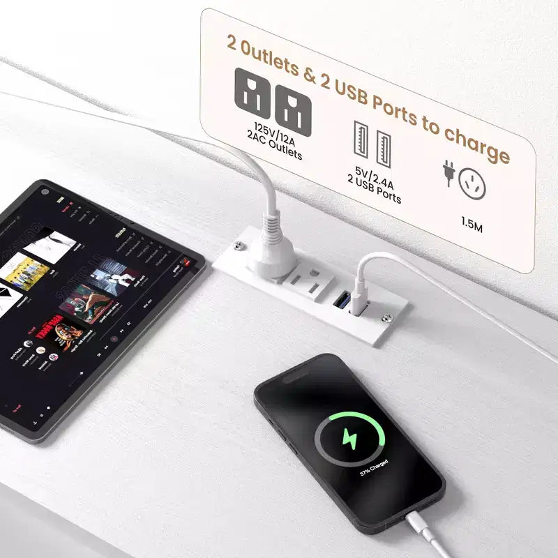 Meuble TV commode 63 pouces pour téléviseurs 65, 70, 75 pouces, commode en tissu avec station de charge, lumières LED, étagères ouvertes et commode à 12 tiroirs