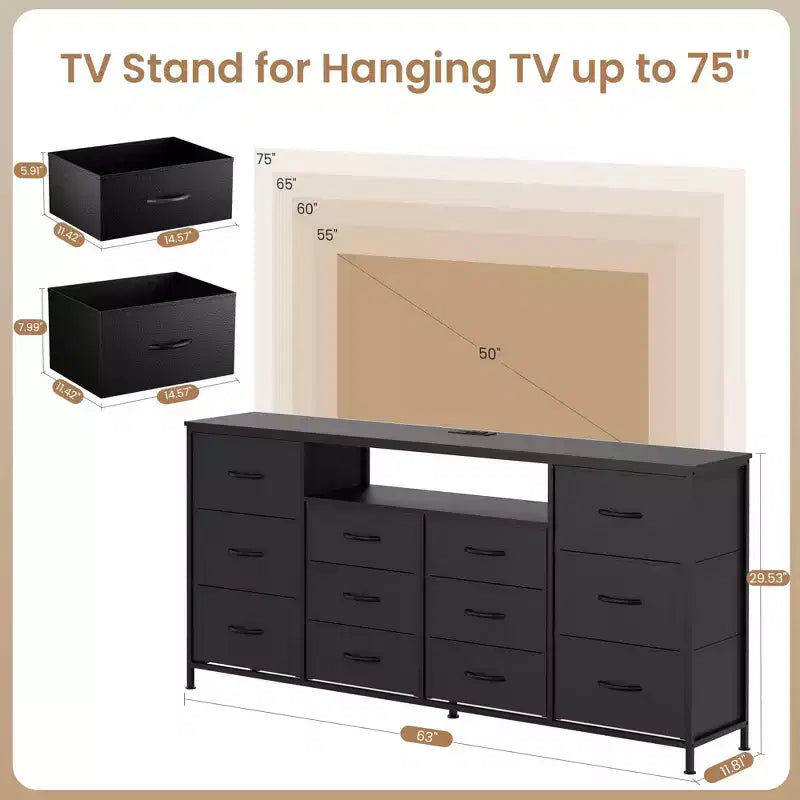 Meuble TV commode 63 pouces pour téléviseurs 65, 70, 75 pouces, commode en tissu avec station de charge, lumières LED, étagères ouvertes et commode à 12 tiroirs
