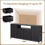 Meuble TV commode 63 pouces pour téléviseurs 65, 70, 75 pouces, commode en tissu avec station de charge, lumières LED, étagères ouvertes et commode à 12 tiroirs