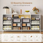 Meuble TV commode 63 pouces pour téléviseurs 65, 70, 75 pouces, commode en tissu avec station de charge, lumières LED, étagères ouvertes et commode à 12 tiroirs