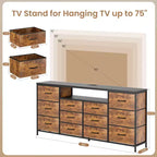 Meuble TV commode 63 pouces pour téléviseurs 65, 70, 75 pouces, commode en tissu avec station de charge, lumières LED, étagères ouvertes et commode à 12 tiroirs