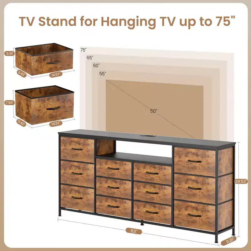 Meuble TV commode 63 pouces pour téléviseurs 65, 70, 75 pouces, commode en tissu avec station de charge, lumières LED, étagères ouvertes et commode à 12 tiroirs