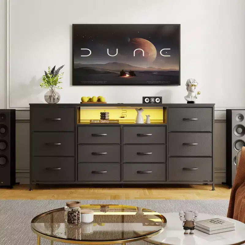 63 Dresser TV Stand for 65 70 75 Inch TV, Fabric Chest of Drawers with Charging Station, LED Lights, Open Shelves & 12 Drawer Dresser