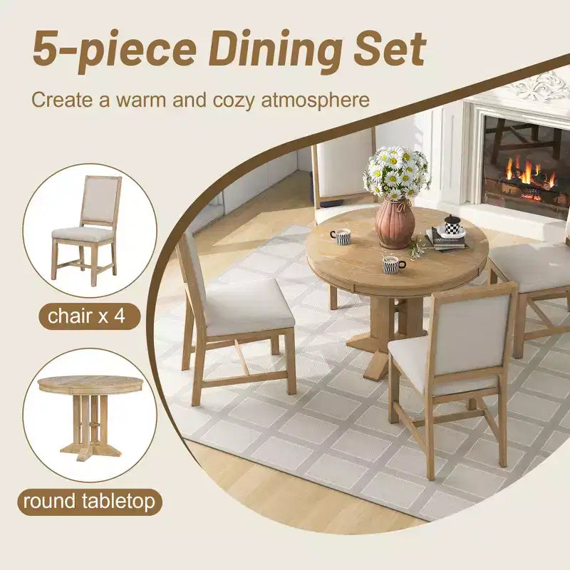 GDFStudio Salome – Ensemble de salle à manger 5 pièces avec table ronde extensible et chaises rembourrées