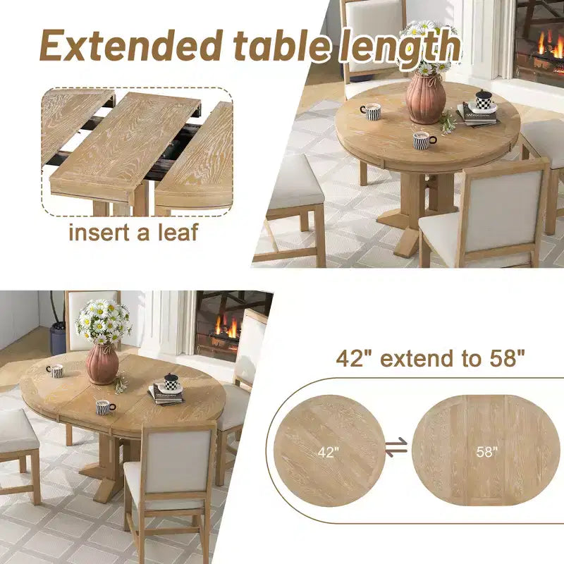 GDFStudio Salome – Ensemble de salle à manger 5 pièces avec table ronde extensible et chaises rembourrées