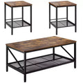 VEVOR 3 Pieces Living Room Table Sets, 41.3 in Industrial Coffee Table with 2 Square End Side Tables, Brown&Black