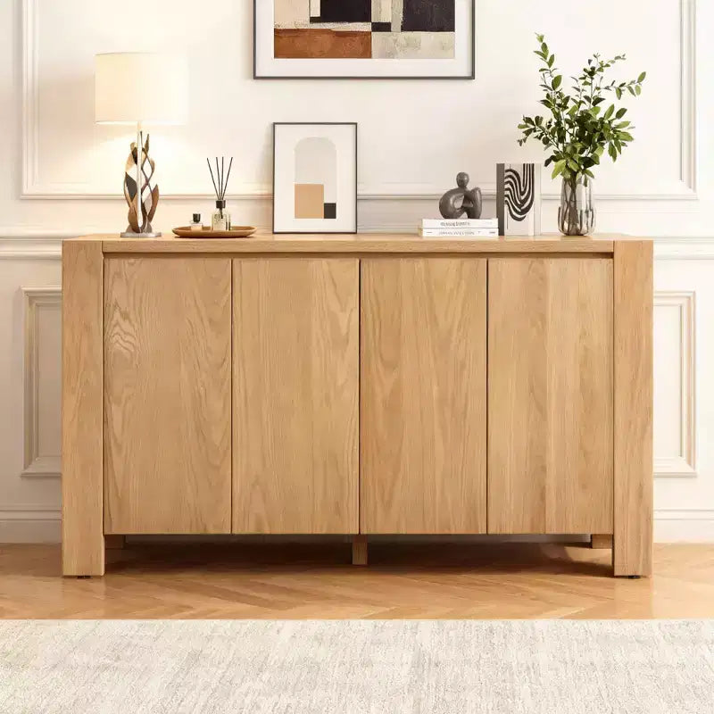 Hostack 4-Door Retro Wood Sideboard Buffet Cabinet with Storage, Distressed Finish and Adjustable Shelves for Dining&Living Room, Natural