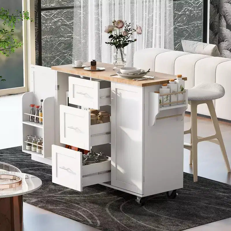 Îlot de cuisine roulant avec rangement, chariot de cuisine avec plateau en bois d'hévéa, 3 tiroirs, 2 étagères coulissantes et étagère interne, support à épices et support à torchons.