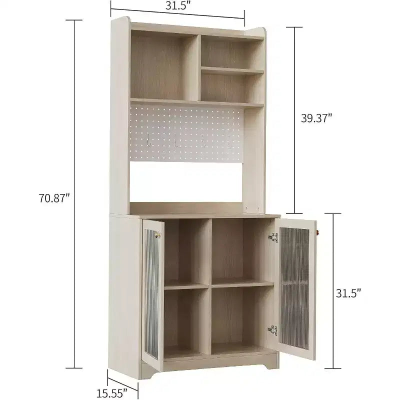 71 Meuble de rangement de garde-manger, unité de rangement haute et autoportante à 6 niveaux avec panneau perforé, 2 armoires, étagères ouvertes, portes vitrées, pour bureau à domicile