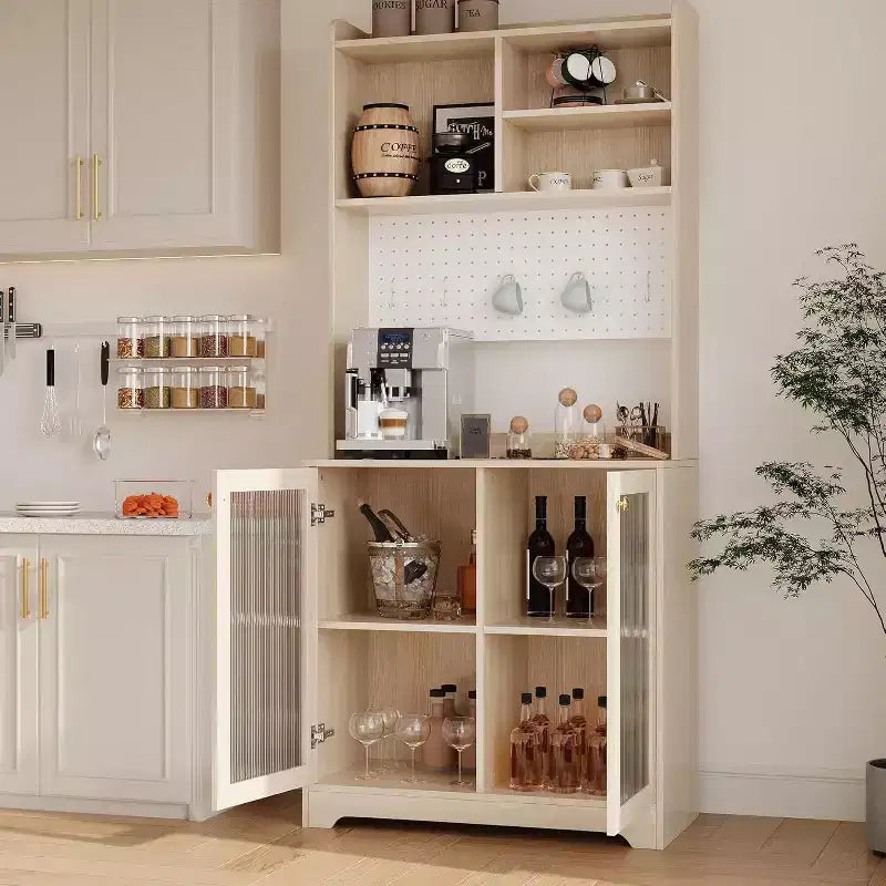 71 Meuble de rangement de garde-manger, unité de rangement haute et autoportante à 6 niveaux avec panneau perforé, 2 armoires, étagères ouvertes, portes vitrées, pour bureau à domicile