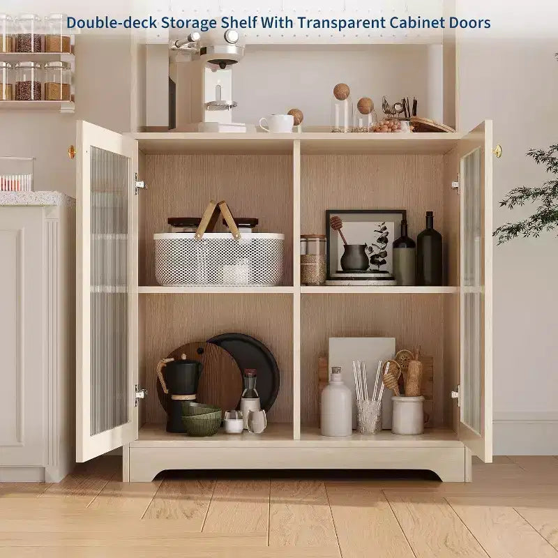 71 Meuble de rangement de garde-manger, unité de rangement haute et autoportante à 6 niveaux avec panneau perforé, 2 armoires, étagères ouvertes, portes vitrées, pour bureau à domicile