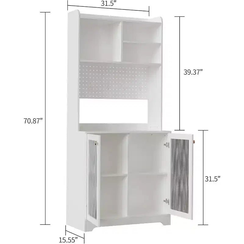 71 Meuble de rangement de garde-manger, unité de rangement haute et autoportante à 6 niveaux avec panneau perforé, 2 armoires, étagères ouvertes, portes vitrées, pour bureau à domicile
