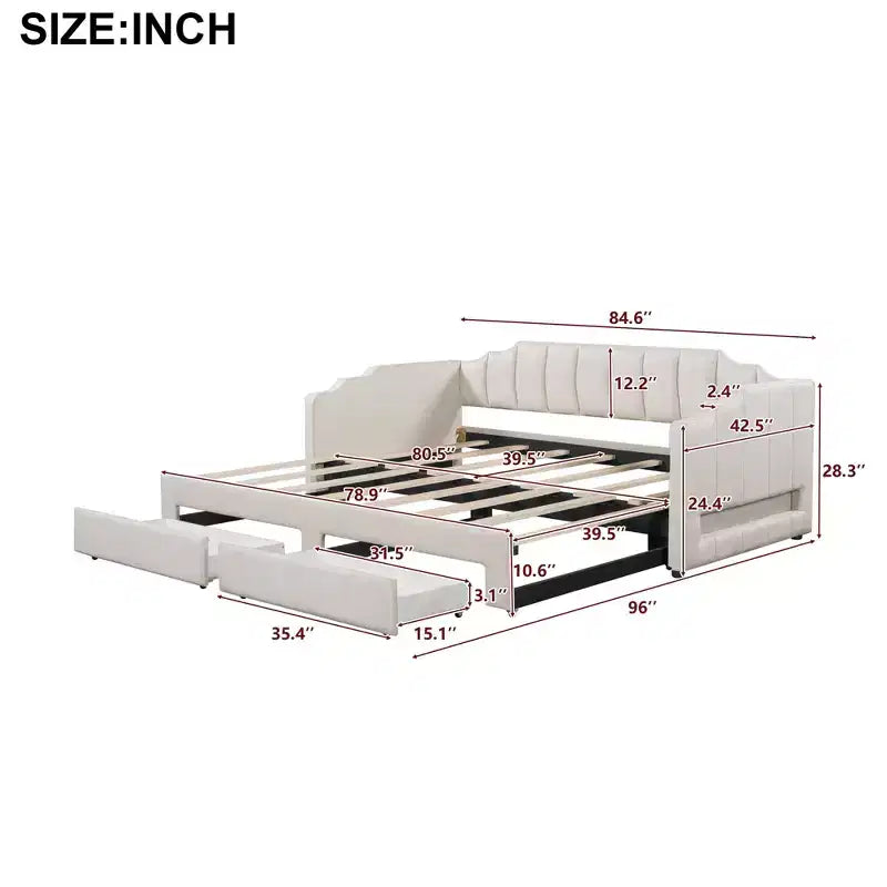 Lit de repos rembourré Whisen Twin XL avec 2 tiroirs de rangement, extensible en lit King