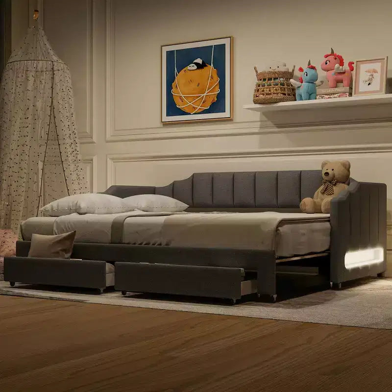 Lit de repos rembourré Whisen Twin XL avec 2 tiroirs de rangement, extensible en lit King