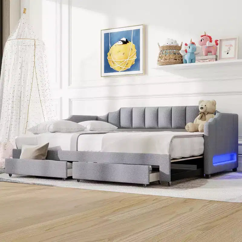 Lit de repos rembourré Whisen Twin XL avec 2 tiroirs de rangement, extensible en lit King