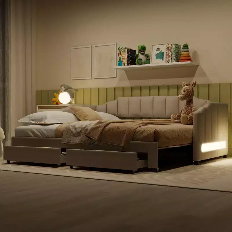 Lit de repos rembourré Whisen Twin XL avec 2 tiroirs de rangement, extensible en lit King