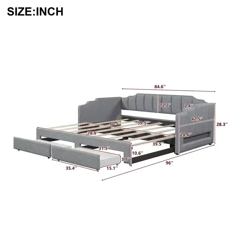 Lit de repos rembourré Whisen Twin XL avec 2 tiroirs de rangement, extensible en lit King