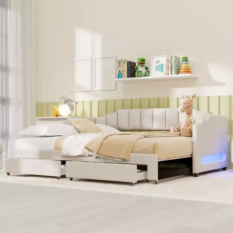 Lit de repos rembourré Whisen Twin XL avec 2 tiroirs de rangement, extensible en lit King