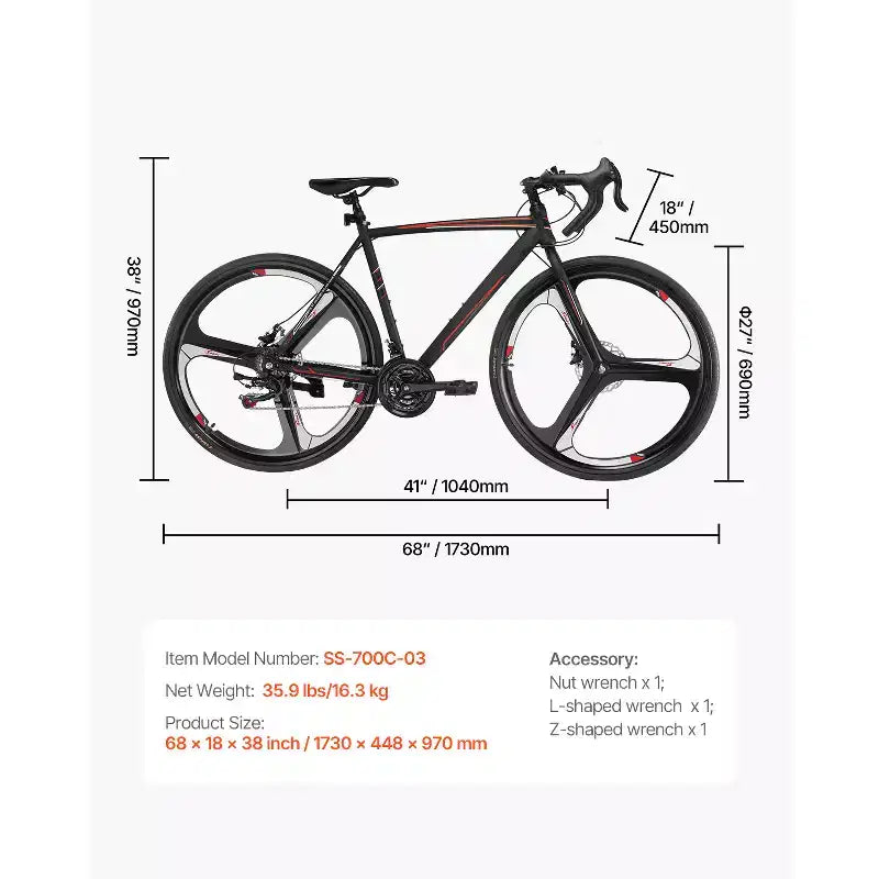 Vélo de route VEVOR, Roues 700C, Vélo de course, Système de transmission SHIMANO 21 vitesses, Vélo de route de ville avec cadre en acier au carbone, Noir