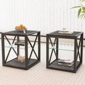 Set of 2 Modern End Tables with Drawer - Rustic Wood-Grain MDF and Tempered Glass Top Nightstands for Bedroom and Living Room