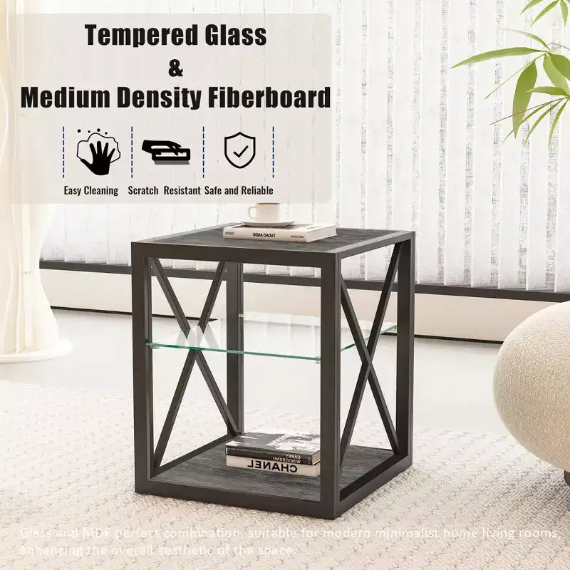 Lot de 2 tables d'appoint modernes avec tiroir - Tables de chevet en MDF grain de bois rustique et plateau en verre trempé pour chambre et salon