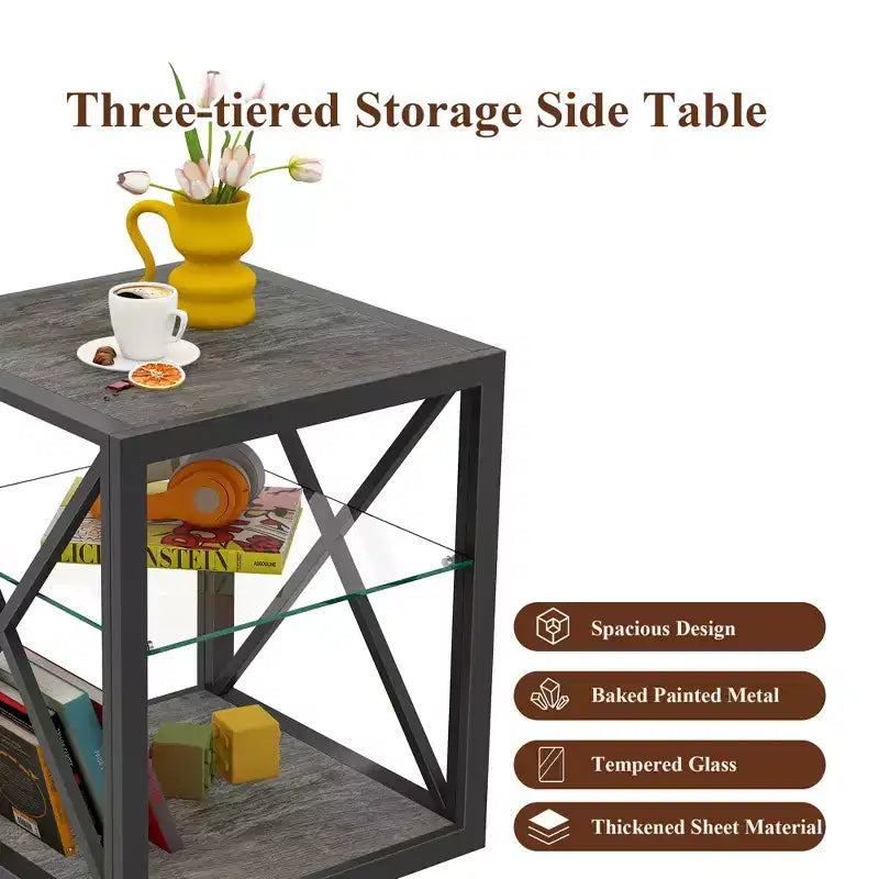 Lot de 2 tables d'appoint modernes avec tiroir - Tables de chevet en MDF grain de bois rustique et plateau en verre trempé pour chambre et salon