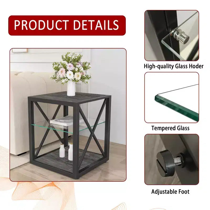 Lot de 2 tables d'appoint modernes avec tiroir - Tables de chevet en MDF grain de bois rustique et plateau en verre trempé pour chambre et salon