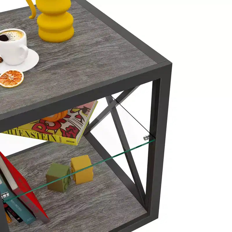 Lot de 2 tables d'appoint modernes avec tiroir - Tables de chevet en MDF grain de bois rustique et plateau en verre trempé pour chambre et salon