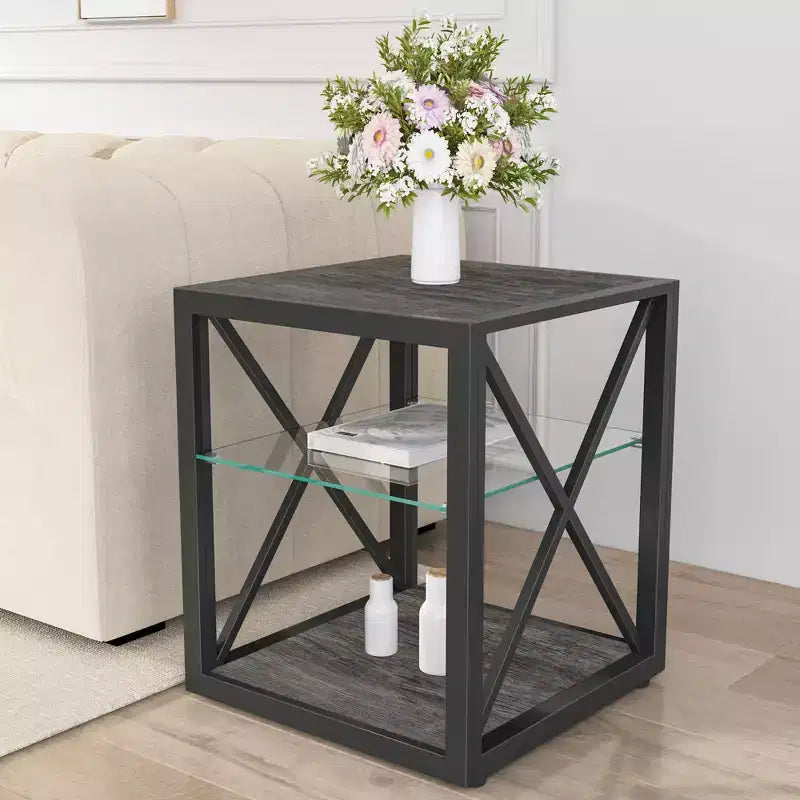 Lot de 2 tables d'appoint modernes avec tiroir - Tables de chevet en MDF grain de bois rustique et plateau en verre trempé pour chambre et salon