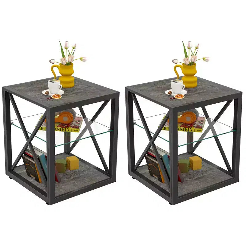 Lot de 2 tables d'appoint modernes avec tiroir - Tables de chevet en MDF grain de bois rustique et plateau en verre trempé pour chambre et salon