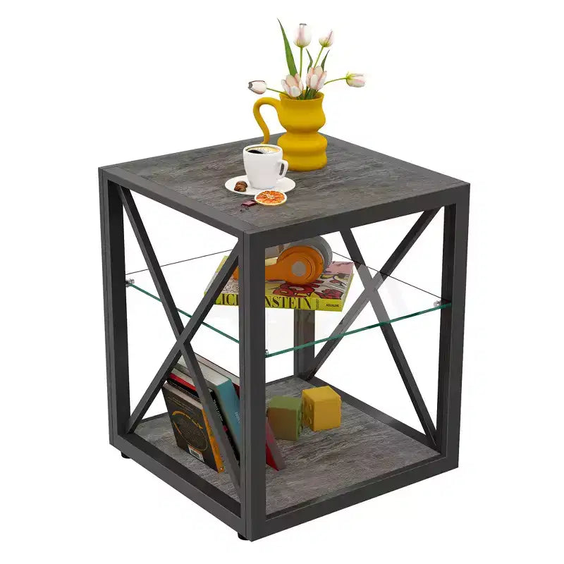 Lot de 2 tables d'appoint modernes avec tiroir - Tables de chevet en MDF grain de bois rustique et plateau en verre trempé pour chambre et salon
