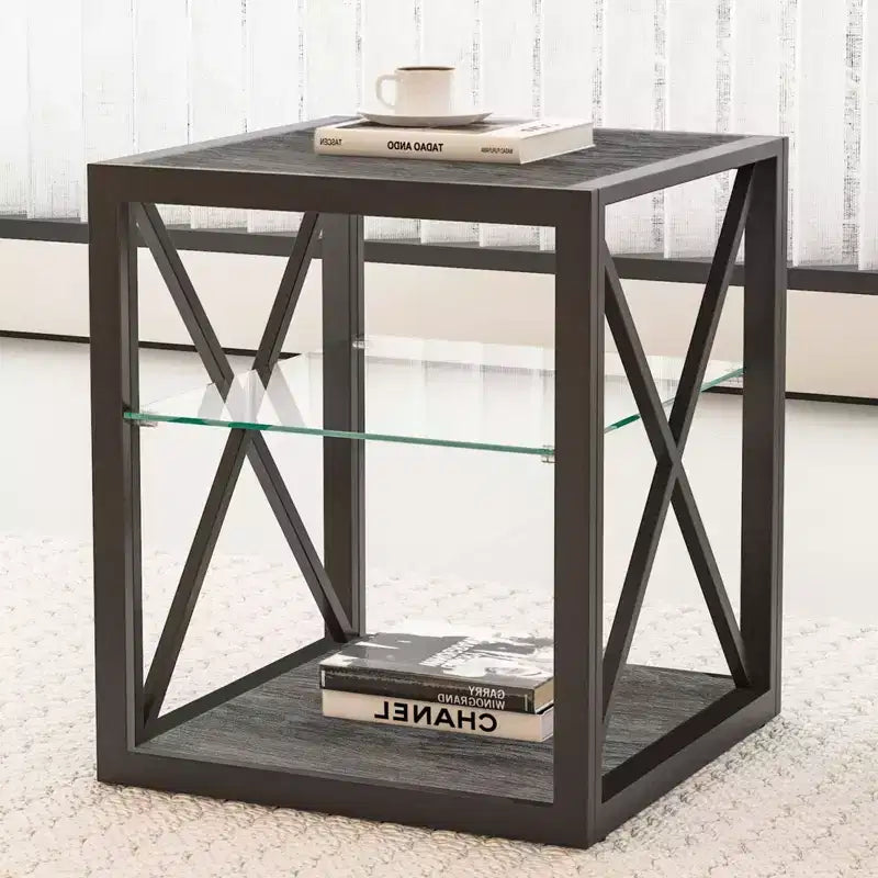 Lot de 2 tables d'appoint modernes avec tiroir - Tables de chevet en MDF grain de bois rustique et plateau en verre trempé pour chambre et salon