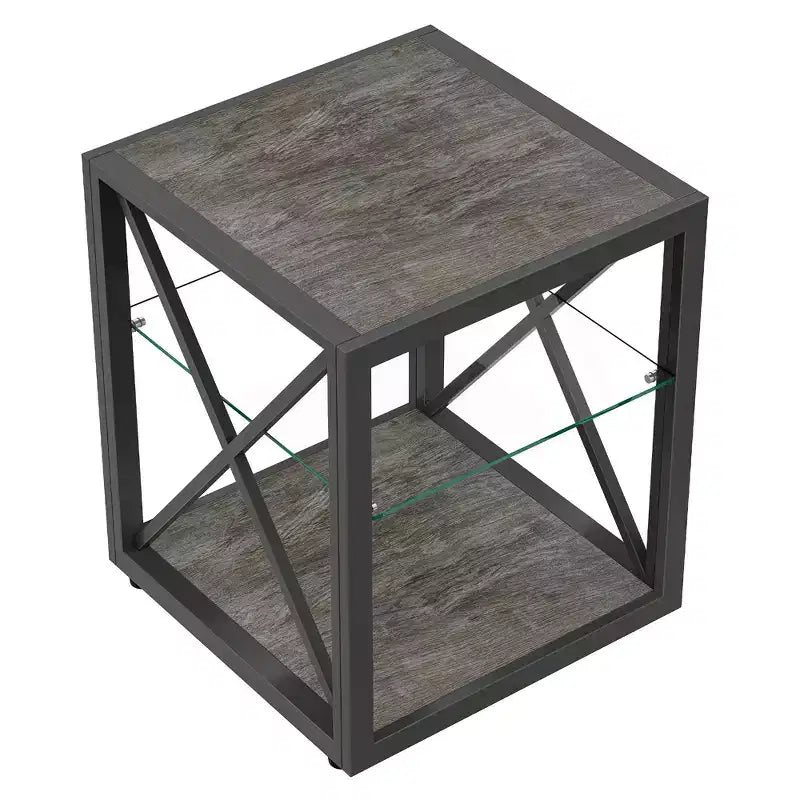 Lot de 2 tables d'appoint modernes avec tiroir - Tables de chevet en MDF grain de bois rustique et plateau en verre trempé pour chambre et salon